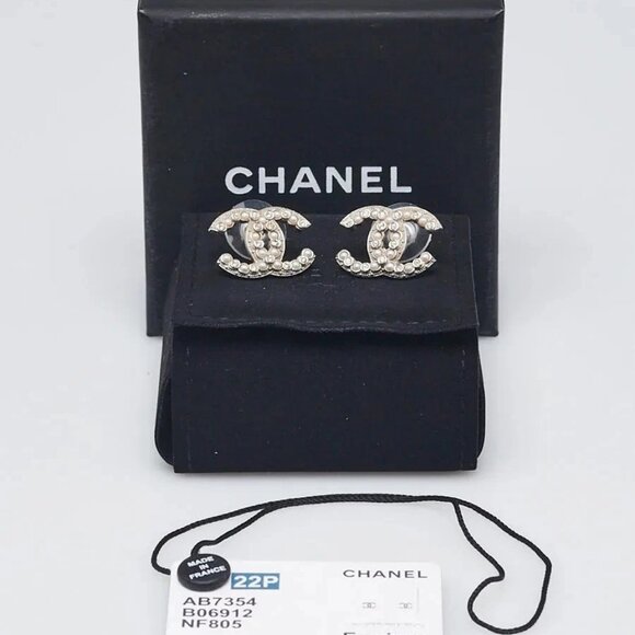 Chanel Silver Metal Faux Pearl and Crystal CC Stud Earrings - Picture 2 of 6